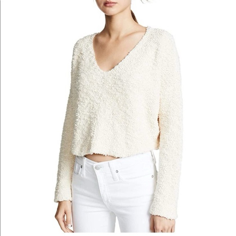 Free People Popcorn Textured Cropped Sweater XS Oversized Fit Ivory Boho Preppy